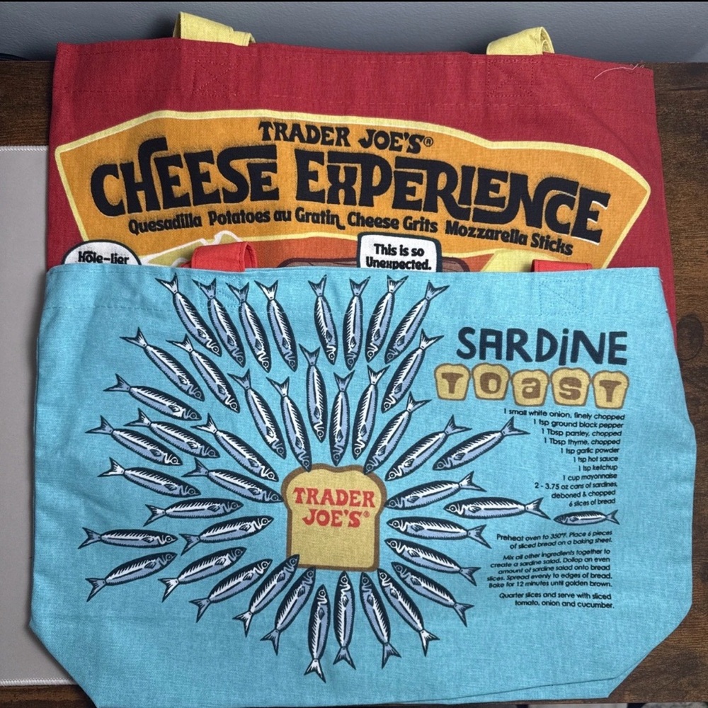 Trader Joe’s Reusable Canvas Tote Bags Sardine & Cheese Adventures Set of 2 USA - Picture 3 of 3